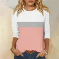 Casual color block three quarter sleeve t-shirt for women, stylish round neck top. - White Pink