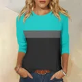 Casual color block 3/4 sleeve crewneck t-shirt for women daily wear stylish top details - Emerald Black