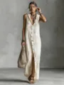 Detail view of casual loose sleeveless hooded maxi dress, lightweight fabric, elegant everyday wear. - XS / Off White