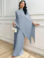 Pleated cape top wide-leg pants set detail, elegant light blue two-piece fashion wear - S / Top And Bottom / Blue