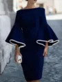 Elegant dark blue bodycon dress featuring dramatic bell sleeves with chic white contrast trim. - S / Navy Blue