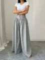High-waisted wide-leg trousers for women, grey draped casual loose pants with three buttons. - S / Gray