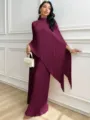 Women pleated two piece set long sleeve poncho top wide leg pants elegant autumn outfit - S / Top And Bottom / Purple