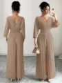 Elegant solid V-neck pleated jumpsuit for women, chic high waist wide leg trousers. - S / Light Brown Long Sleeve