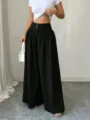 Black high-waisted wide-leg casual trousers with three buttons, stylish draping long pants. - S / Black