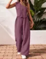 Sleeveless button vest and wide leg pants set detail view, casual summer fashion outfit. - S / Purple