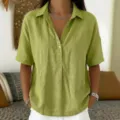 Women's casual short sleeve lapel solid color shirt in light green, loose fit summer top. - S / Tops / Yellow-Green