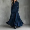 Dark blue faux suede long sleeve shirt dress with lace trim and vintage button design. - S / Navy Blue
