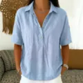 Women casual short sleeve loose solid color lapel button linen shirt summer top daily wear - S / Tops / Light Blue
