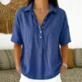 Casual womens summer loose solid color lapel short sleeve button up blue shirt top - Blue