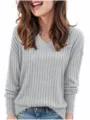 Pull en tricot côtelé gris à col en V pour femmes, pull d'automne décontracté à manches longues. - S / Hauts / Argent