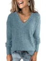 Femme Manches Longues Col V Pull Tricoté Côtes Bleu Grande Taille Haut Décontracté - S / Hauts / Vert clair