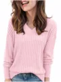 Femme manches longues col V pull en tricot côtelé brossé rose haut décontracté - S / Hauts / Rose
