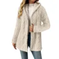 Women long fleece hoodie jacket beige zip up winter coat casual warm outerwear apparel - S / Off White