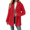 Damen Lange Flauschige Fleece Kapuzenjacke Rote Reißverschluss Casual Winterjacke - Rot