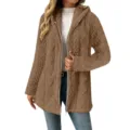 Damen braune Fleece Kapuze Cardigan Langarm Reissverschluss flauschiger Winter Pluesch Mantel - Camel