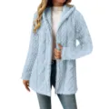 Damen Lange Flauschige Kapuzen Strickjacke Hellblau Reißverschluss Fleece Jacke Winter - Azurblau