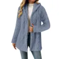 Damen Blau Flauschig Kapuze Reissverschluss Cardigan Langarm Fleece Teddy Mantel Alltag - Dunstblau