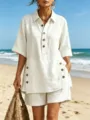 Women summer short sleeve shirt and loose shorts two piece set beach casual outfit - S / Top And Bottom / White