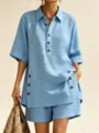 Casual light blue short sleeve shirt and shorts two-piece set with wooden buttons detail. - S / Top And Bottom / Blue