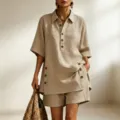 Beige short sleeve shirt and shorts two-piece set, button detail, casual linen style. - S / Top And Bottom / Apricot