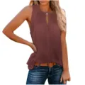 Dames casual mouwloze tanktop met metalen gesp V-hals effen kleur zomer stijlvol vest - S / Donkerbruin
