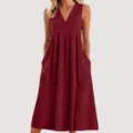 Solid V-neck sleeveless loose cotton maxi dress detail view, comfortable daily wear. - S / Red