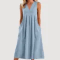 Casual V-neck sleeveless cotton maxi dress with pockets, loose solid color summer design. - S / Light Blue