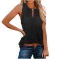 Dames Casual Zwarte V-Hals Tanktop Zomer Mouwloos Metalen Gesp Stijlvolle Mode Blouse - S / Zwart