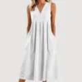 Casual white V-neck sleeveless loose cotton maxi dress with pockets for women summer daily wear. - S / White