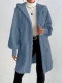 Women's casual loose fluffy hooded long sleeve fleece cardigan coat for spring daily wear. - Denim Blue