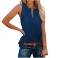 Vrouwen blauwe mouwloze V-hals tanktop metalen gesp casual zomer mode basic blouse kleding - S / Blauw