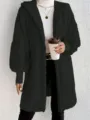 Women's black fuzzy hooded long coat casual winter autumn warm outerwear long sleeve jacket - S / Black