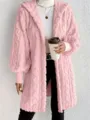 Detailed view of women pink fluffy hooded cardigan coat, soft plush long sleeve winter outerwear. - S / Pink