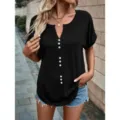 Plus size women's solid color button front short sleeve top casual summer fashion basic tee - S / Tops / Black