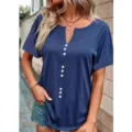 Women Short Sleeve V-Neck Button Front Solid Color Casual T-Shirt Summer Fashion Top - S / Tops / Blue