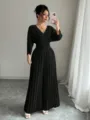 Black V-neck short sleeve pleated waist jumpsuit, elegant commuter wide-leg pants for women. - S / Black Long Sleeve