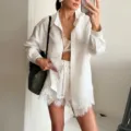 White lace trim long sleeve shirt and shorts set summer casual lounge wear variant style. - S / Top And Bottom / White