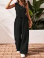 Black sleeveless button vest and wide leg pants set for women summer casual fashion. - S / Black