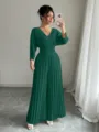 Elegant solid dark green V-neck short sleeve pleated wide leg jumpsuit for women. - S / Green Long Sleeve