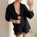Black lace-trimmed shorts set with long sleeve top for women fashion casual summer outfit - S / Top And Bottom / Black