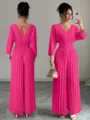 Elegant V-neck pleated wide-leg jumpsuit, solid color high waist long pants for women. - Rose Pink Long Sleeve