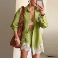 Green button-up shirt and lace trim shorts set, casual summer two-piece outfit for women. - Green