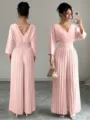 Pink pleated V-neck jumpsuit with waist cinch, elegant commuter wide-leg pants for women. - Pink Long Sleeve