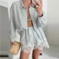 Summer casual solid color lace patchwork shorts set, stylish women's two-piece outfit - Light Gray