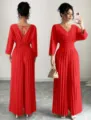 Elegant red V-neck pleated wide-leg jumpsuit for women, stylish commute wear daily. - Red Long Sleeve