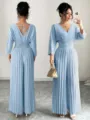 Light blue V-neck short sleeve pleated wide leg jumpsuit, elegant commuter style variant. - Light Blue Long Sleeve