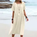 Casual linen solid color round neck short sleeve midi dress for women summer beach wear. - S / Khaki