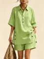 Women casual light green short sleeve shirt and shorts two piece matching lounge set outfit - S / Top And Bottom / Green