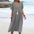 Casual solid color cotton linen midi dress detail, comfortable short sleeve beachwear look. - Gray
